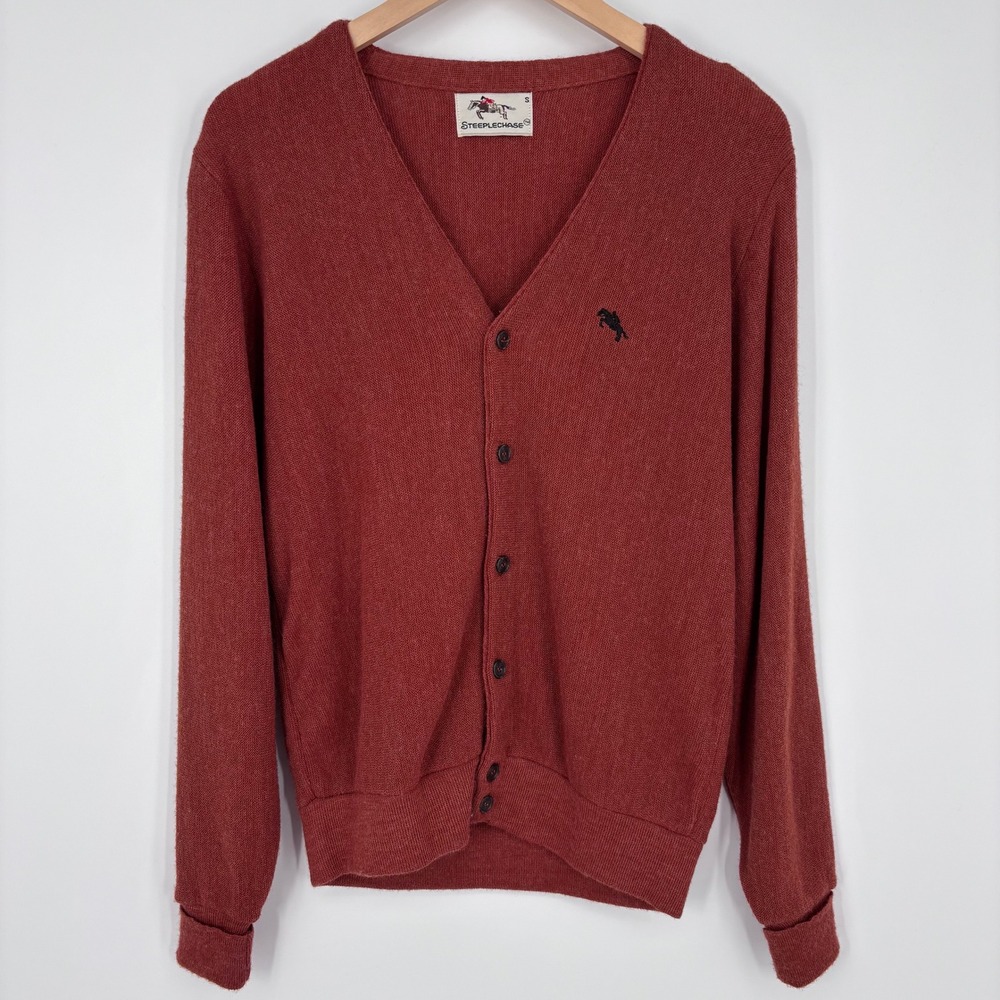 Vtg Steeplechase Cardigan Sweater Mens S Rust Red Button Front Equestrian Logo
